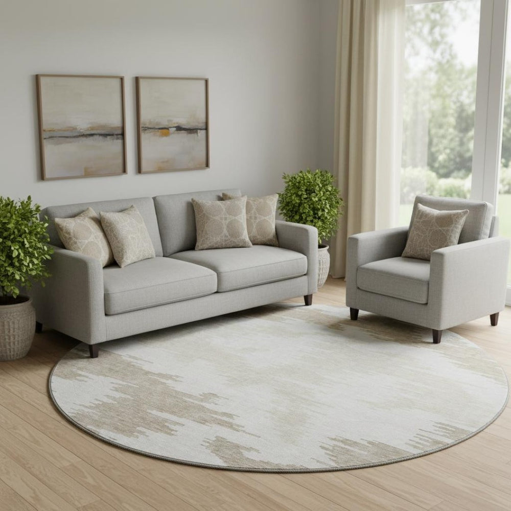 HomeRoots 8' Abstract Washable Round Rug in Ivory Beige & Taupe – UV Protected, Stain Resistant, Modern Design 662858