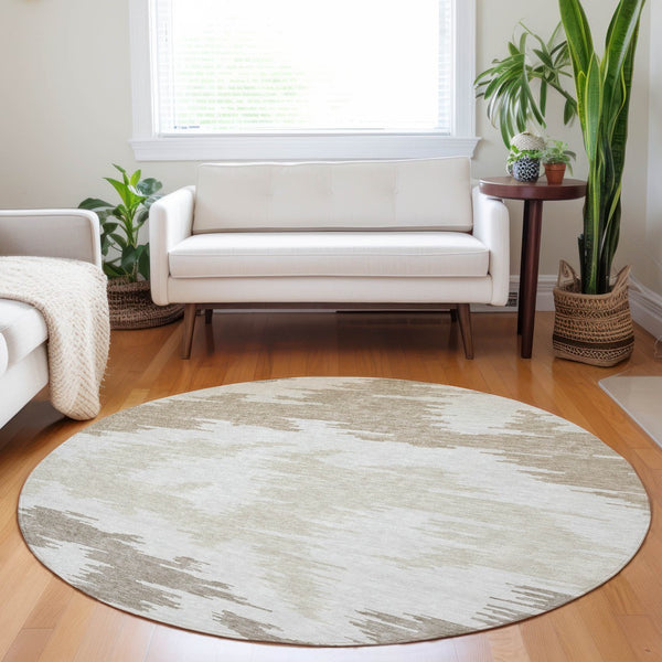 HomeRoots 8' Abstract Washable Round Rug in Ivory Beige & Taupe – UV Protected, Stain Resistant, Modern Design 662858