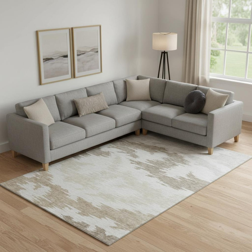 HomeRoots 10' X 14' Abstract Washable Area Rug in Ivory Beige & Taupe with UV Protection for High Traffic Homes 662861