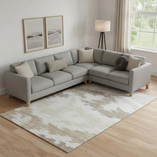 HomeRoots 10' X 14' Abstract Washable Area Rug in Ivory Beige & Taupe with UV Protection for High Traffic Homes 662861
