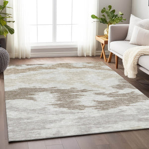 HomeRoots 10' X 14' Abstract Washable Area Rug in Ivory Beige & Taupe with UV Protection for High Traffic Homes 662861