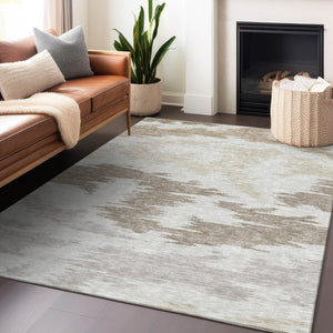 HomeRoots 10' X 14' Abstract Washable Area Rug in Ivory Beige & Taupe with UV Protection for High Traffic Homes 662861