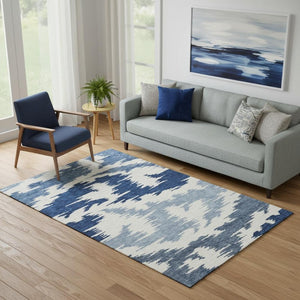 HomeRoots 5' X 8' Navy Blue & Ivory Abstract Washable Area Rug - Stylish, Durable, UV-Protected, Easy Care 662863