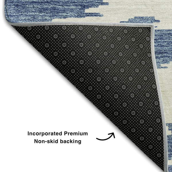 HomeRoots 5' X 8' Navy Blue & Ivory Abstract Washable Area Rug - Stylish, Durable, UV-Protected, Easy Care 662863