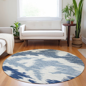HomeRoots 8' Navy Blue and Ivory Abstract Round Rug - Washable, UV Protected, Durable for Modern Spaces 662864