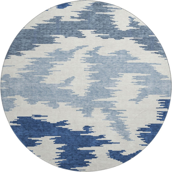HomeRoots 8' Navy Blue and Ivory Abstract Round Rug - Washable, UV Protected, Durable for Modern Spaces 662864