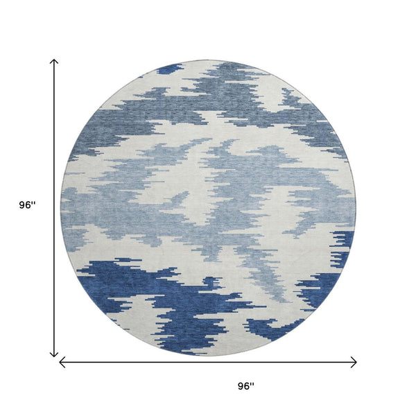 HomeRoots 8' Navy Blue and Ivory Abstract Round Rug - Washable, UV Protected, Durable for Modern Spaces 662864