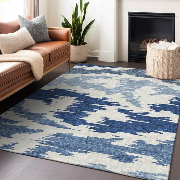 HomeRoots 8' X 10' Navy Blue & Ivory Abstract Area Rug - Washable, Stain Resistant, UV Protected, Modern Design 662865