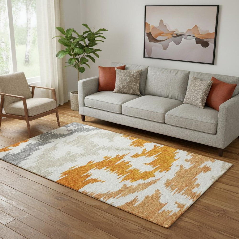 HomeRoots 5' X 8' Modern Abstract Area Rug in Orange, Ivory & Gray - Washable, UV-Protected & Pet-Friendly! 662869