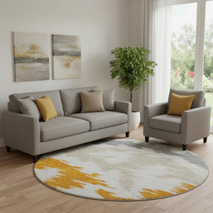 HomeRoots 8' Vibrant Orange Ivory Gray Abstract Washable Round Rug with UV Protection for Busy Homes 662870