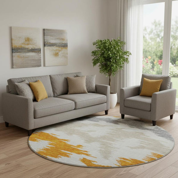 HomeRoots 8' Vibrant Orange Ivory Gray Abstract Washable Round Rug with UV Protection for Busy Homes 662870