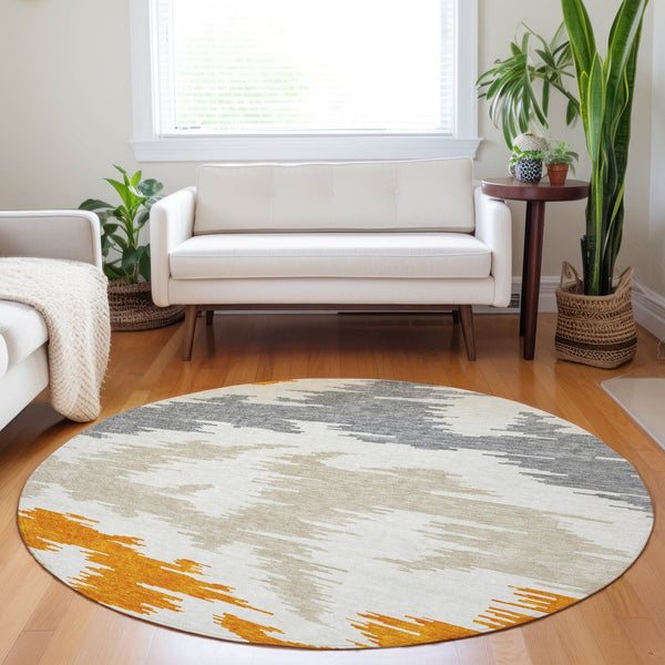 HomeRoots 8' Vibrant Orange Ivory Gray Abstract Washable Round Rug with UV Protection for Busy Homes 662870