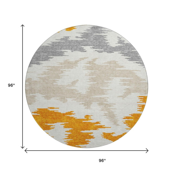 HomeRoots 8' Vibrant Orange Ivory Gray Abstract Washable Round Rug with UV Protection for Busy Homes 662870