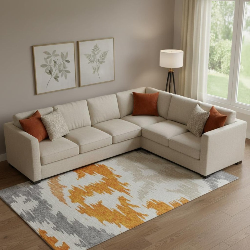 HomeRoots 8' X 10' Vibrant Orange Ivory Gray Abstract Washable Area Rug with UV Protection & Stain Resistance 662871