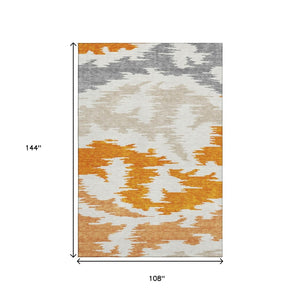 HomeRoots 9' X 12' Vibrant Orange Ivory Gray Abstract Washable Rug with UV Protection for Modern Homes 662872