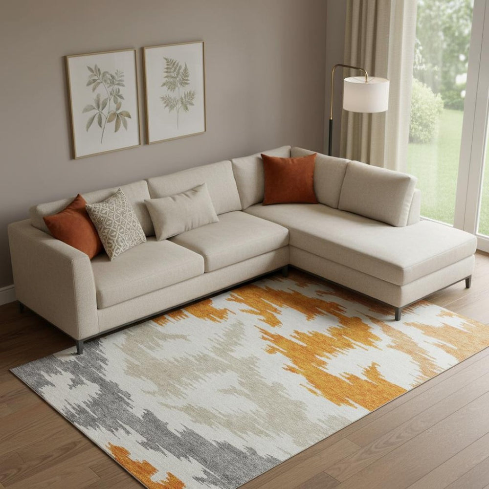HomeRoots 9' X 12' Vibrant Orange Ivory Gray Abstract Washable Rug with UV Protection for Modern Homes 662872