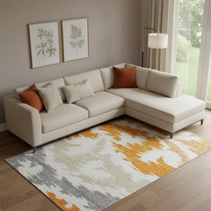 HomeRoots 9' X 12' Vibrant Orange Ivory Gray Abstract Washable Rug with UV Protection for Modern Homes 662872