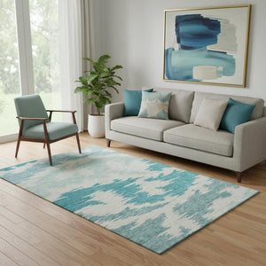 HomeRoots 5' X 8' Teal & Ivory Abstract Area Rug - Washable, UV Protected, Stain Resistant for Everyday Use 662881