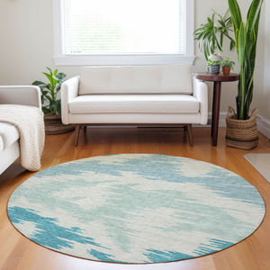HomeRoots 8' Teal and Ivory Abstract Round Rug - Durable, Stain-Resistant, UV-Protected for Stylish Homes 662882