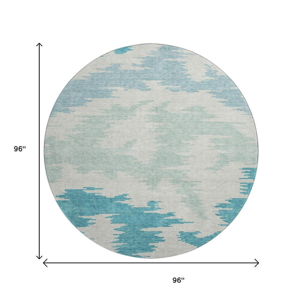 HomeRoots 8' Teal and Ivory Abstract Round Rug - Durable, Stain-Resistant, UV-Protected for Stylish Homes 662882