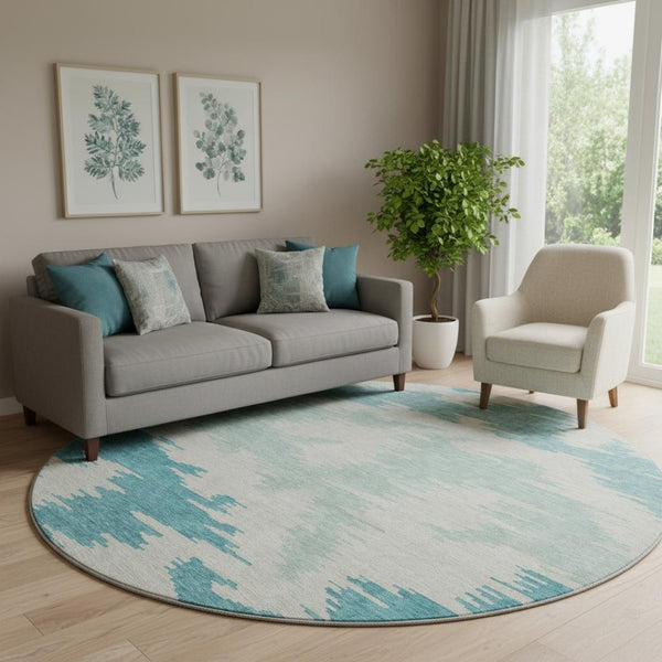 HomeRoots 8' Teal and Ivory Abstract Round Rug - Durable, Stain-Resistant, UV-Protected for Stylish Homes 662882