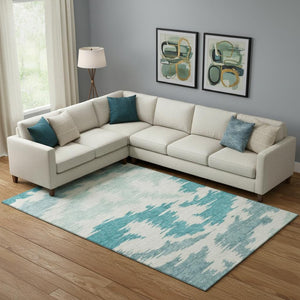 HomeRoots 8' X 10' Teal and Ivory Abstract Area Rug - Washable, UV Protected, Durable for Busy Homes & Stylish Decor 662883