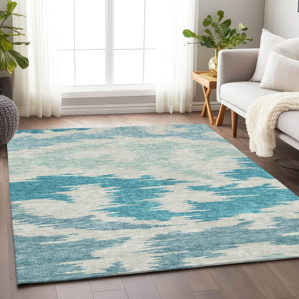 HomeRoots 8' X 10' Teal and Ivory Abstract Area Rug - Washable, UV Protected, Durable for Busy Homes & Stylish Decor 662883