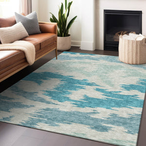 HomeRoots 8' X 10' Teal and Ivory Abstract Area Rug - Washable, UV Protected, Durable for Busy Homes & Stylish Decor 662883