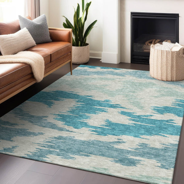 HomeRoots 8' X 10' Teal and Ivory Abstract Area Rug - Washable, UV Protected, Durable for Busy Homes & Stylish Decor 662883