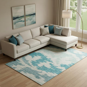 HomeRoots 10' X 14' Teal & Ivory Abstract Area Rug - Washable, UV Protected, Stain Resistant for High Traffic Homes 662885