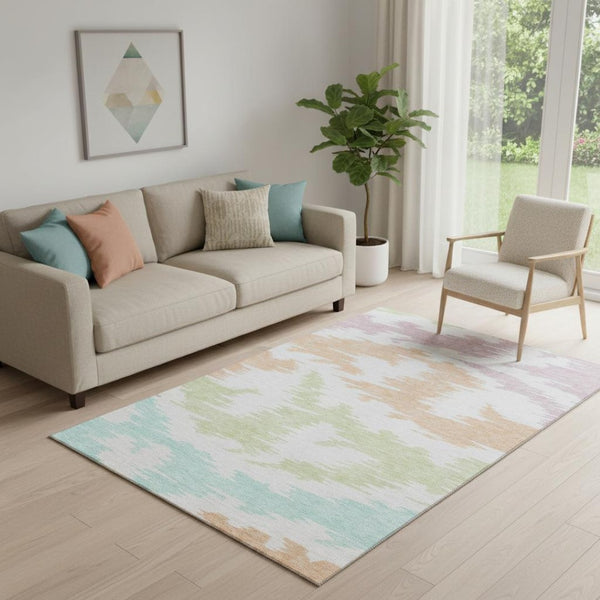 HomeRoots 5' Abstract Washable Area Rug in Soft White, Sky Blue & Peach - UV Protected, Perfect for High-Traffic Spaces 662887