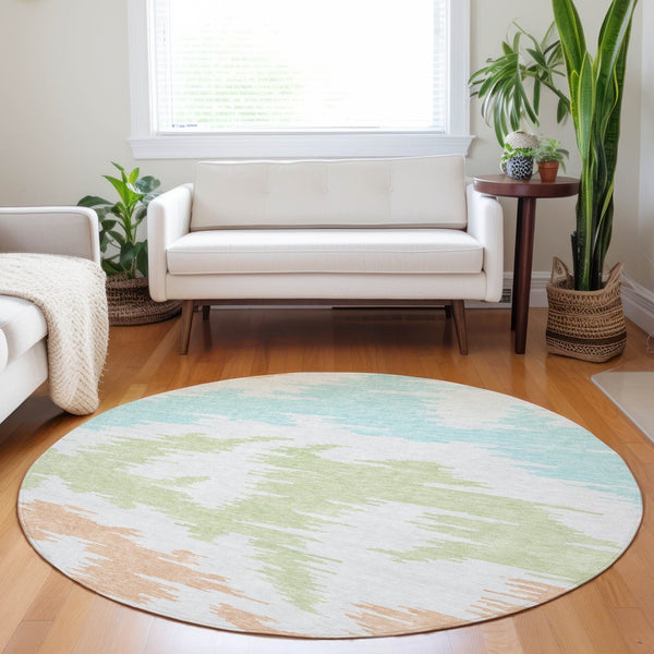 HomeRoots 8' Washable Round Rug in White, Sky Blue & Peach - UV-Protected, Durable, Modern Abstract Design 662888
