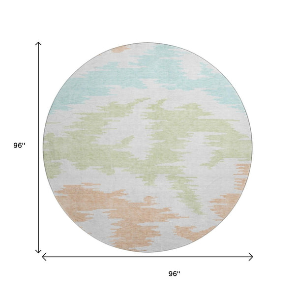 HomeRoots 8' Washable Round Rug in White, Sky Blue & Peach - UV-Protected, Durable, Modern Abstract Design 662888