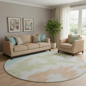 HomeRoots 8' Washable Round Rug in White, Sky Blue & Peach - UV-Protected, Durable, Modern Abstract Design 662888