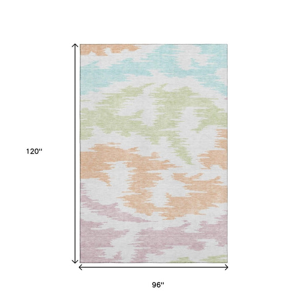 HomeRoots 8' X 10' Washable Abstract Area Rug in White, Sky Blue & Peach - Stain & UV Resistant for Homes 662889