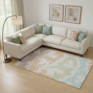 HomeRoots 8' X 10' Washable Abstract Area Rug in White, Sky Blue & Peach - Stain & UV Resistant for Homes 662889