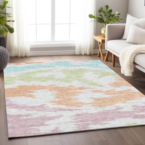 HomeRoots 8' X 10' Washable Abstract Area Rug in White, Sky Blue & Peach - Stain & UV Resistant for Homes 662889