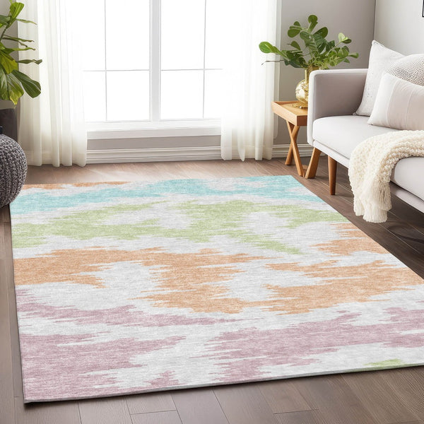 HomeRoots 8' X 10' Washable Abstract Area Rug in White, Sky Blue & Peach - Stain & UV Resistant for Homes 662889