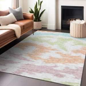 HomeRoots 8' X 10' Washable Abstract Area Rug in White, Sky Blue & Peach - Stain & UV Resistant for Homes 662889
