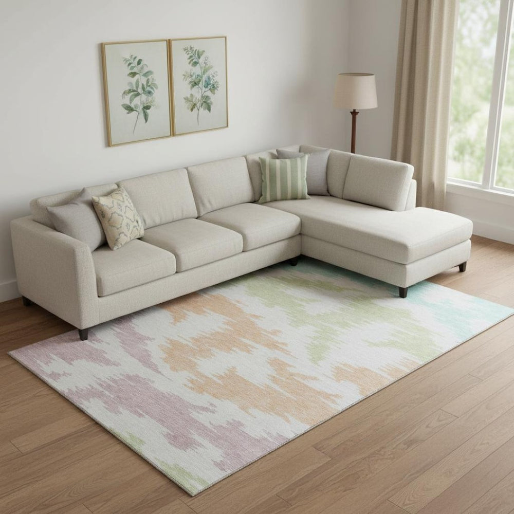 HomeRoots 9' X 12' Modern Abstract Washable Area Rug in White, Sky Blue & Peach - UV Protection & Stain-Resistant 662890