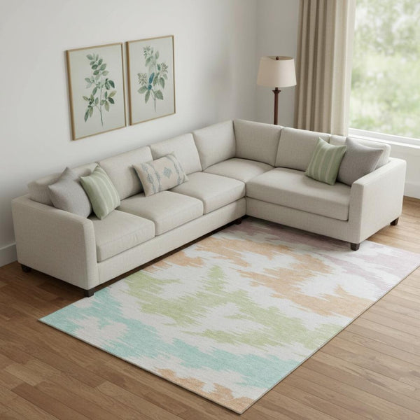 HomeRoots 10' Washable Area Rug in White, Sky Blue & Peach - Durable, UV-Protected, Ideal for High-Traffic Spaces 662891