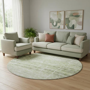 HomeRoots 8' Artichoke Green and Ivory Abstract Round Rug - Washable, UV Protected, Durable for High-Traffic Homes 662894