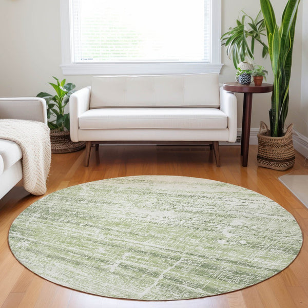 HomeRoots 8' Artichoke Green and Ivory Abstract Round Rug - Washable, UV Protected, Durable for High-Traffic Homes 662894