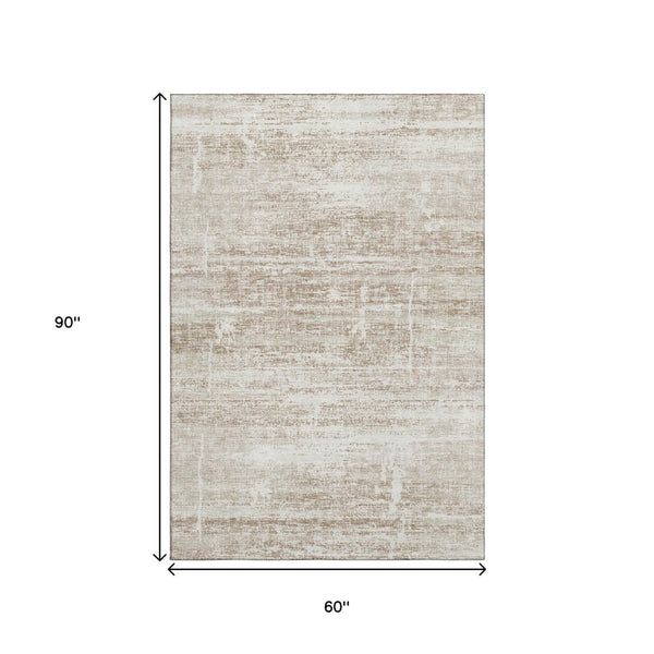 HomeRoots 5' X 8' Beige and Ivory Abstract Area Rug – Washable, UV Protected, Stain Resistant for Modern Homes 662899