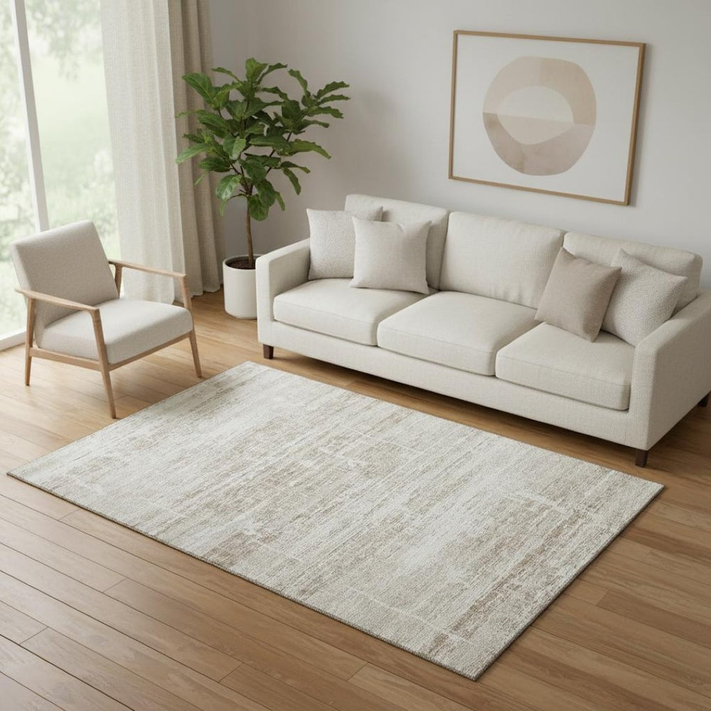 HomeRoots 5' X 8' Beige and Ivory Abstract Area Rug – Washable, UV Protected, Stain Resistant for Modern Homes 662899