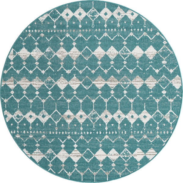 Unique Loom Outdoor Trellis Cardak Machine Made Geometric Rug Teal, Ivory/Gray 7' 1" x 7' 1"
