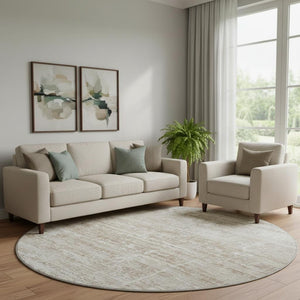 HomeRoots 8' Beige and Ivory Abstract Round Rug - Washable, UV Protected, Non-Slip, Ideal for Busy Homes! 662900