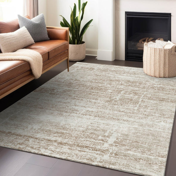 HomeRoots 8' X 10' Beige and Ivory Abstract Area Rug - Washable, UV Protected, Durable for Busy Homes & Spaces 662901