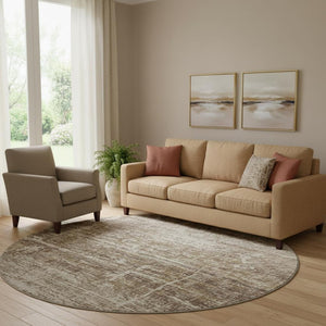 HomeRoots 8' Brown And Beige Abstract Round Area Rug - Washable, UV Protected, Stylish, and Durable Design! 662912