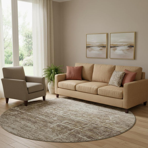 HomeRoots 8' Brown And Beige Abstract Round Area Rug - Washable, UV Protected, Stylish, and Durable Design! 662912